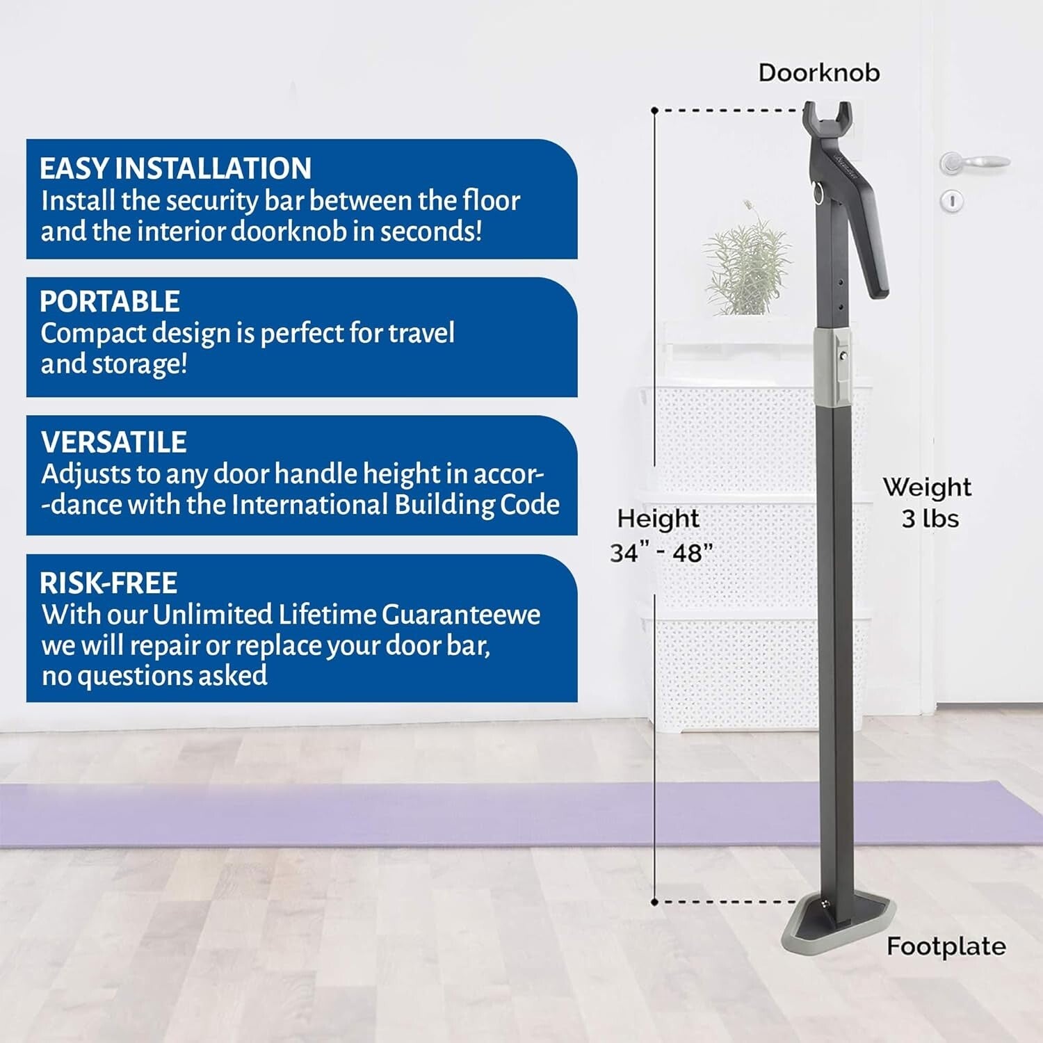 Multi-Surface Adjustable Door Security Bar - Protect Your Home Against Intruders