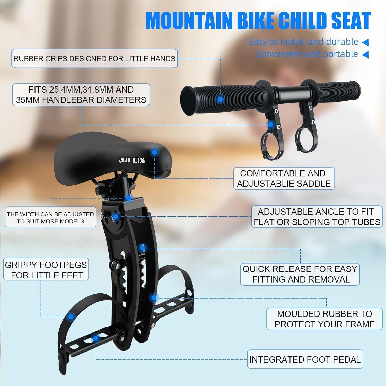 Easy-Install Child Bike Seat for Unisex Ages 2-5 with Handlebar Attachment