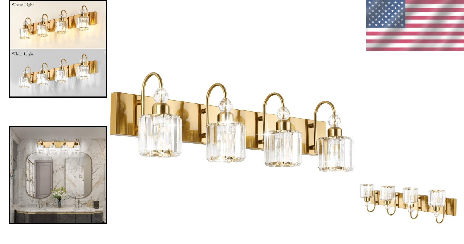 Contemporary 4-Light Bathroom Wall Lighting with Crystal Shades & Touch Control