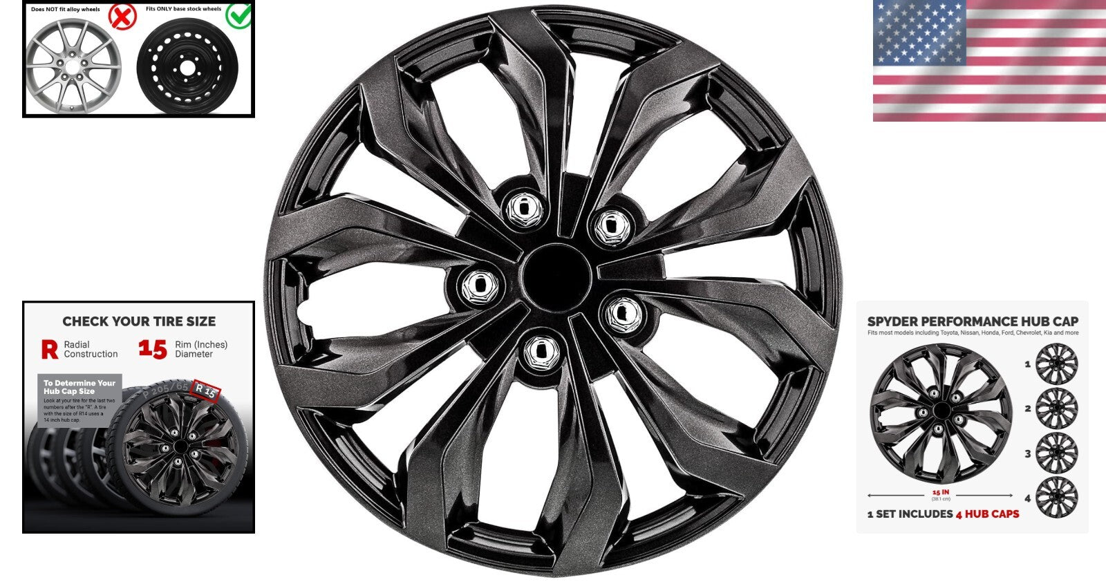 Durable 15-Inch Universal Hubcaps – Spyder Gunmetal Grey Fit for All Vehicles