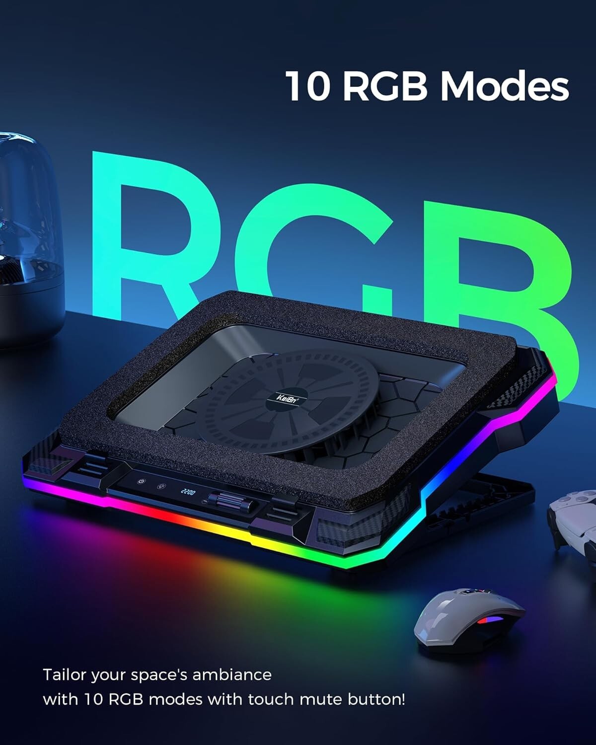 Gaming Laptop Cooling Pad with 5.5-Inch Fan & RGB Lights - Adjustable 8 Heights