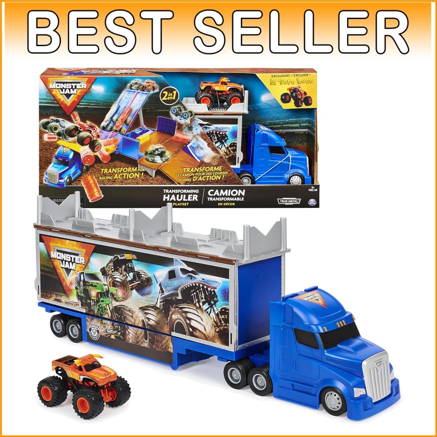 Exclusive El Toro Loco Monster Truck and Transforming Hauler Playset for Ages 4+