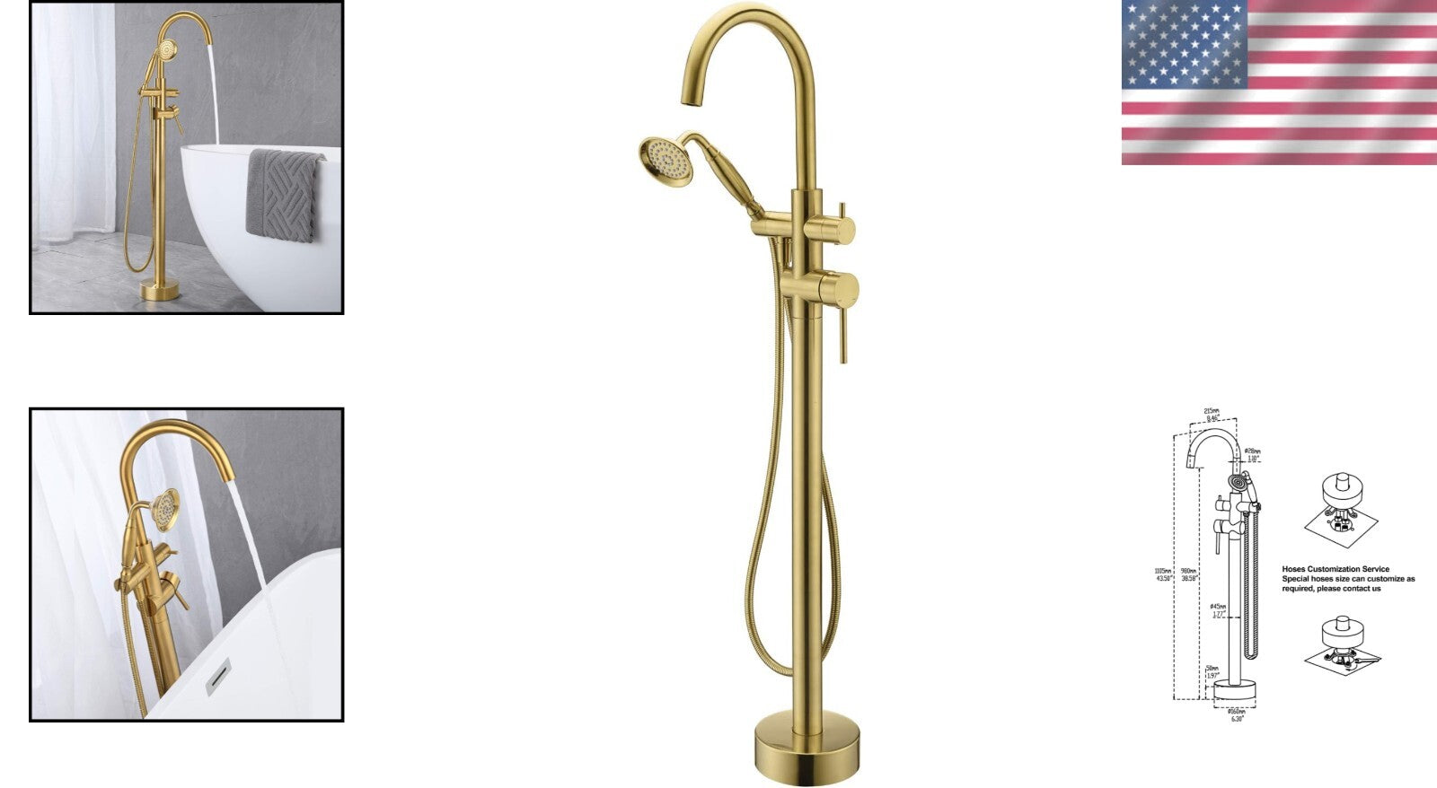 Luxury Brass Floor-Mounted Tub Filler with 30.5'' Hose - Modern Bathroom Upgrade