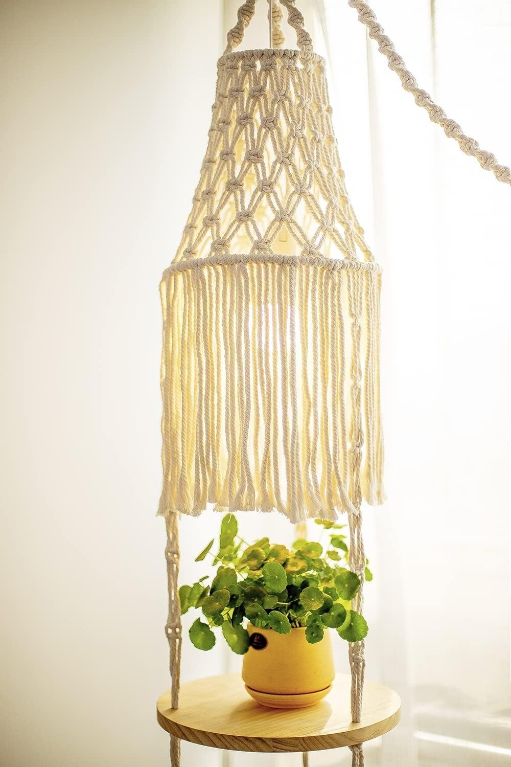 Boho Macrame 3-Tier Floating Shelf with Handwoven Lampshade & Light Socket