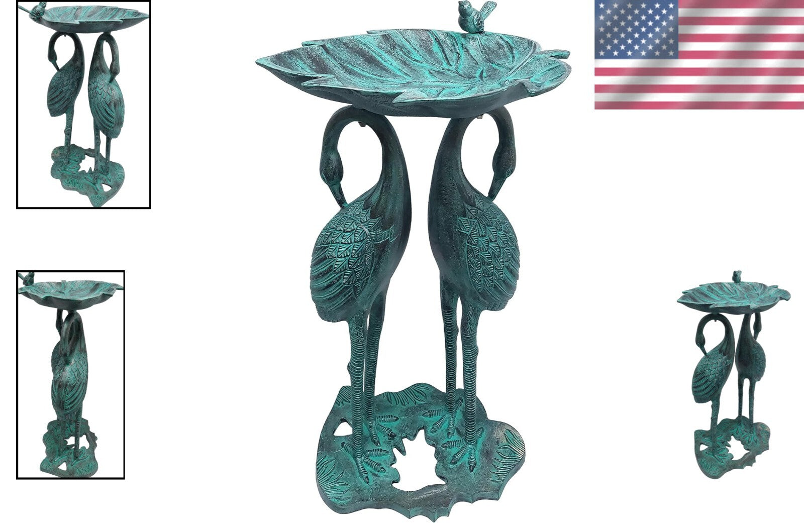 Sturdy 30-in Cast Aluminum Crane Bird Bath with Leaf Bowl - Traditional Elegance