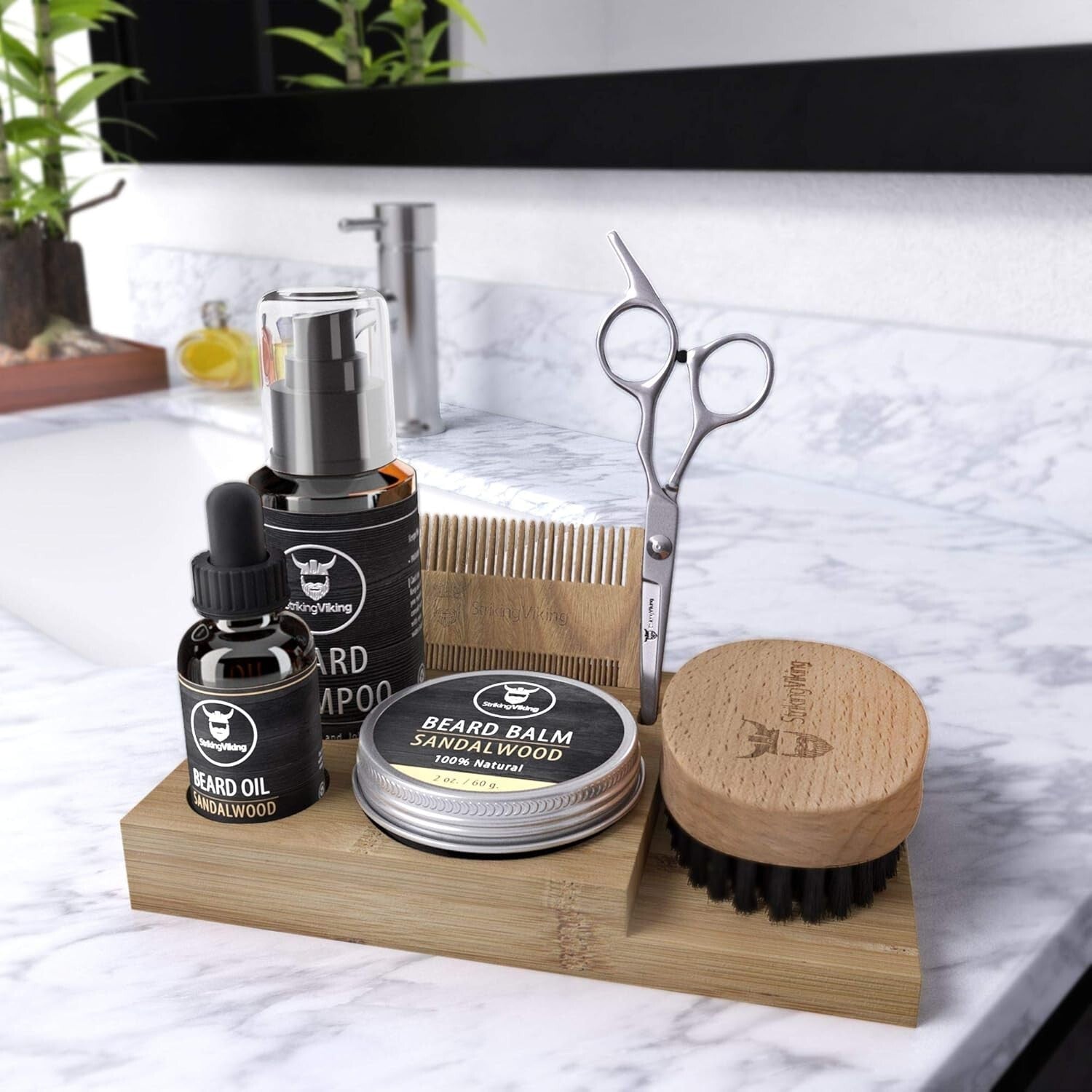 Complete Beard Care Set: Shampoo, Oil, Balm, and Combs in Wooden Caddy