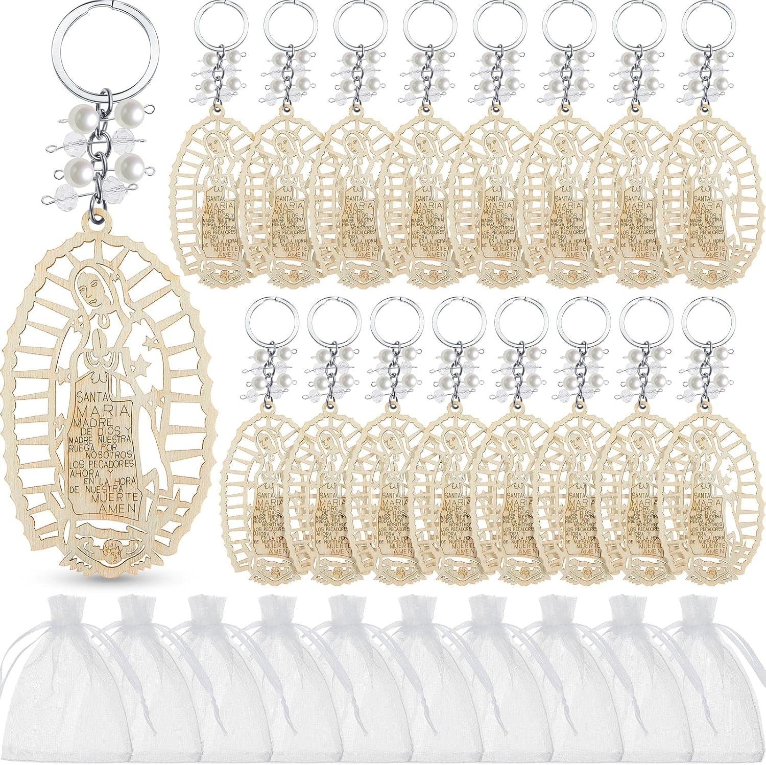 Set of 50 Our Lady of Guadalupe Wood Keychains in Organza Bags for Baptism