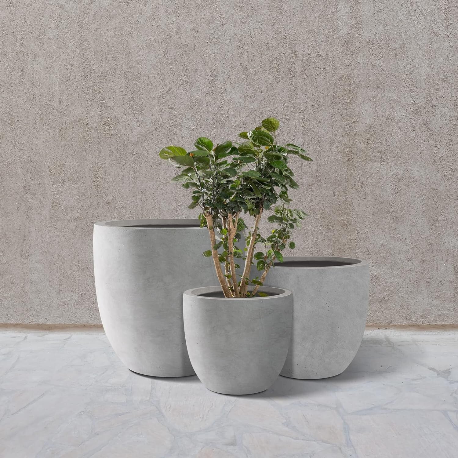 Elegant 18", 14", 10" Round Concrete Planters with Drainage for Home & Patio