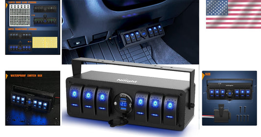 All-in-One 6 Gang SPST Rocker Switch Box with Dual USB & Integrated Voltmeter