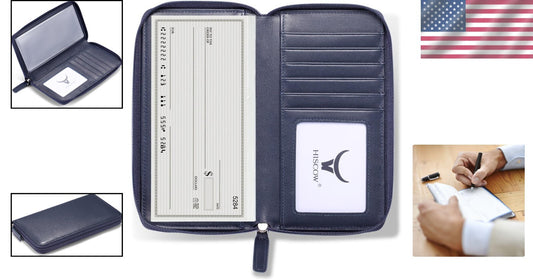 Italian Calfskin Zippered Checkbook Cover with Divider & Card Slots - Dark Blue
