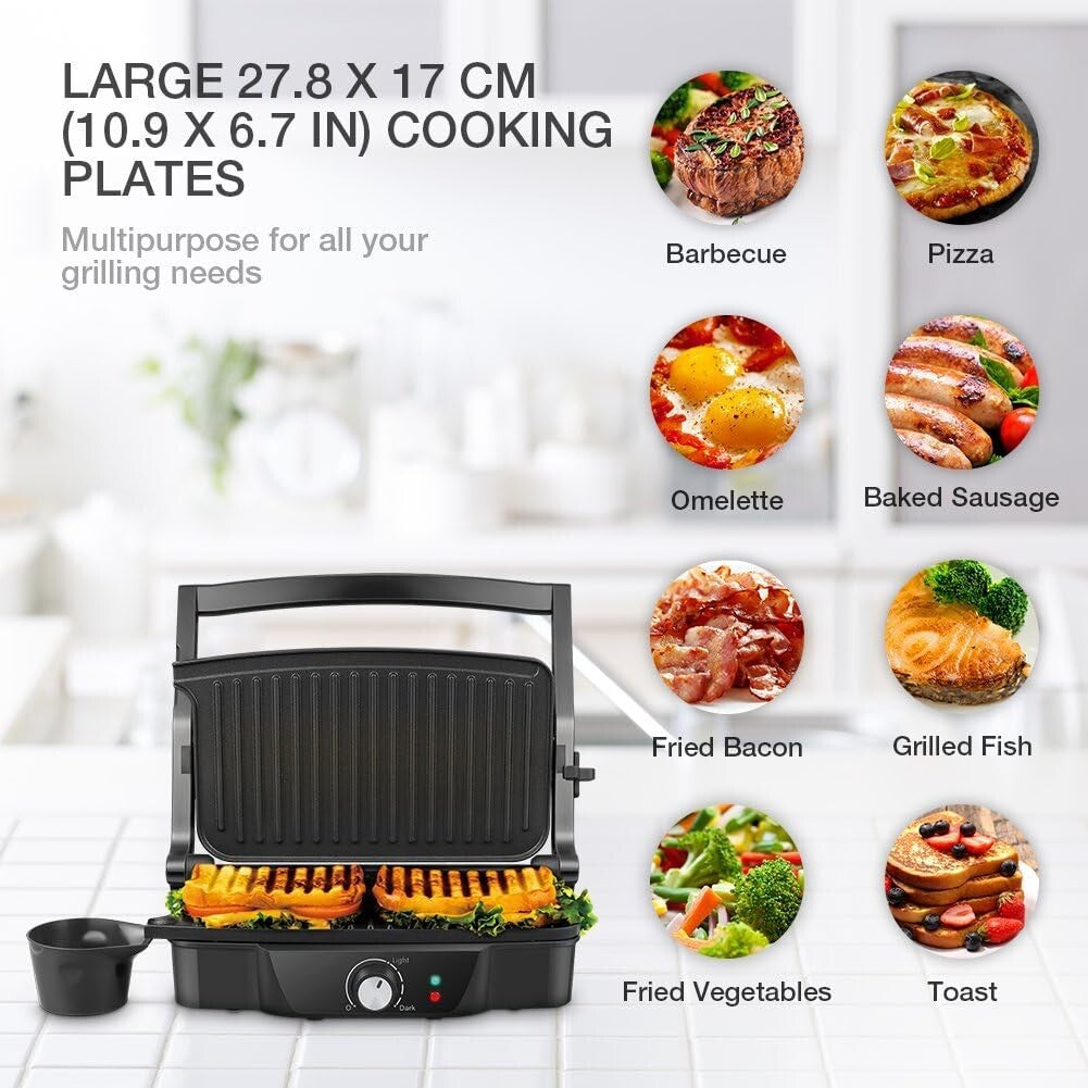 PFOA & BPA Free Panini Press - 2 Slice Non-Stick Electric Grill with Oil Cups