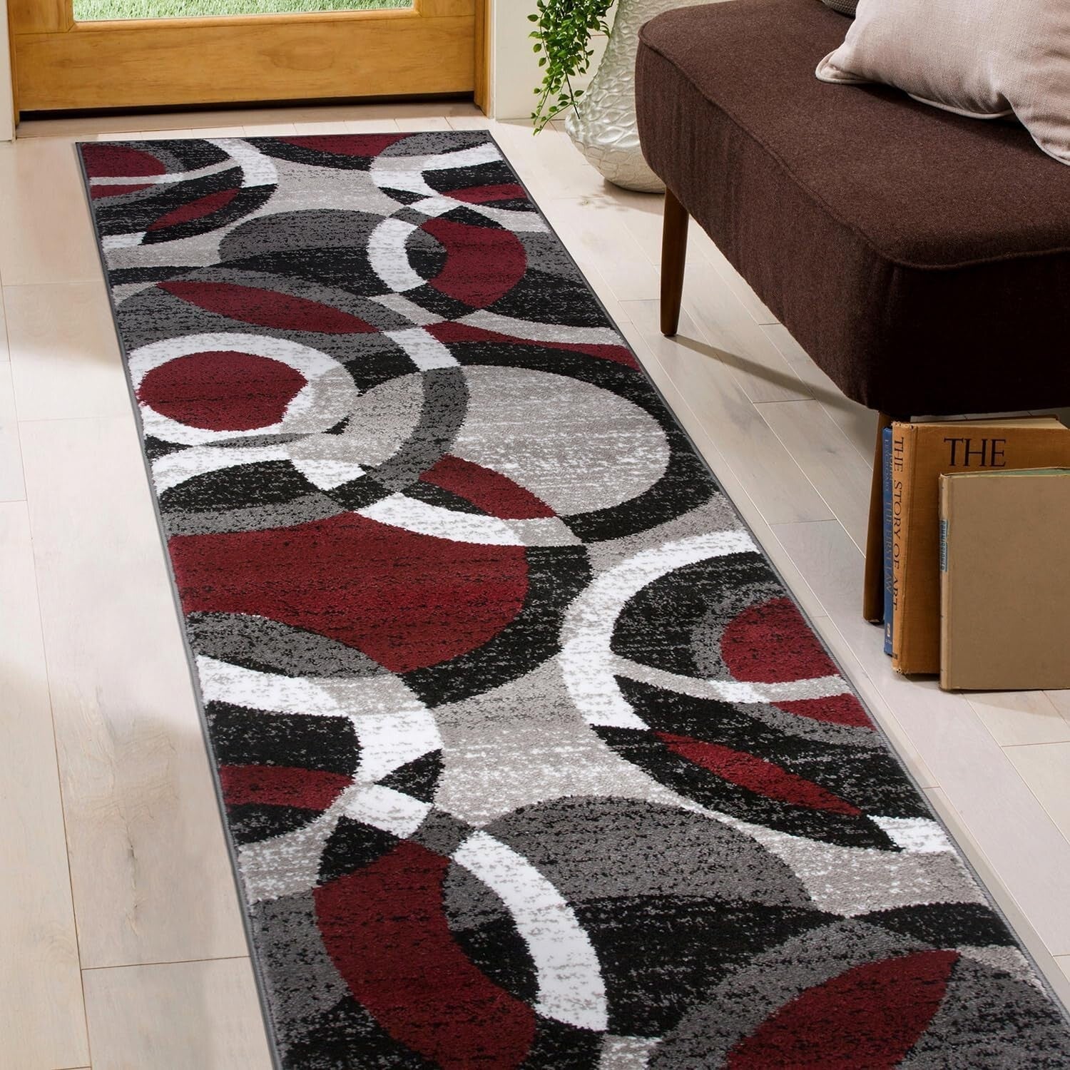 Durable Red Abstract Geometric Runner Rug - Perfect for Living Rooms & Kitchens