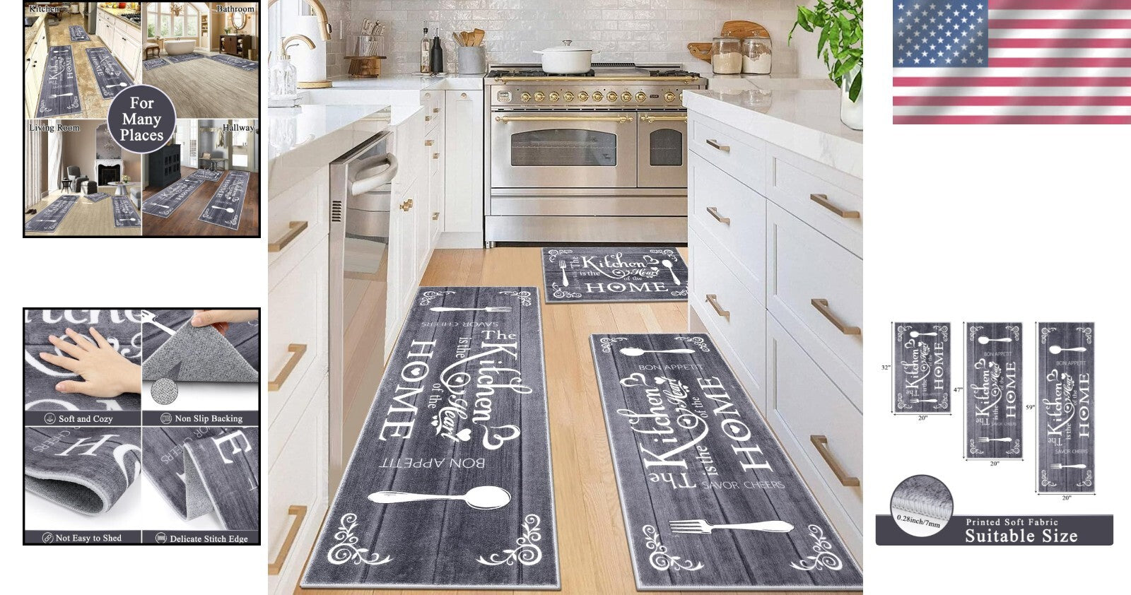 Elegant 3-Piece Boho Kitchen Rug Set - Machine Washable Non-Slip Mats