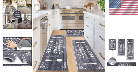 Elegant 3-Piece Boho Kitchen Rug Set - Machine Washable Non-Slip Mats