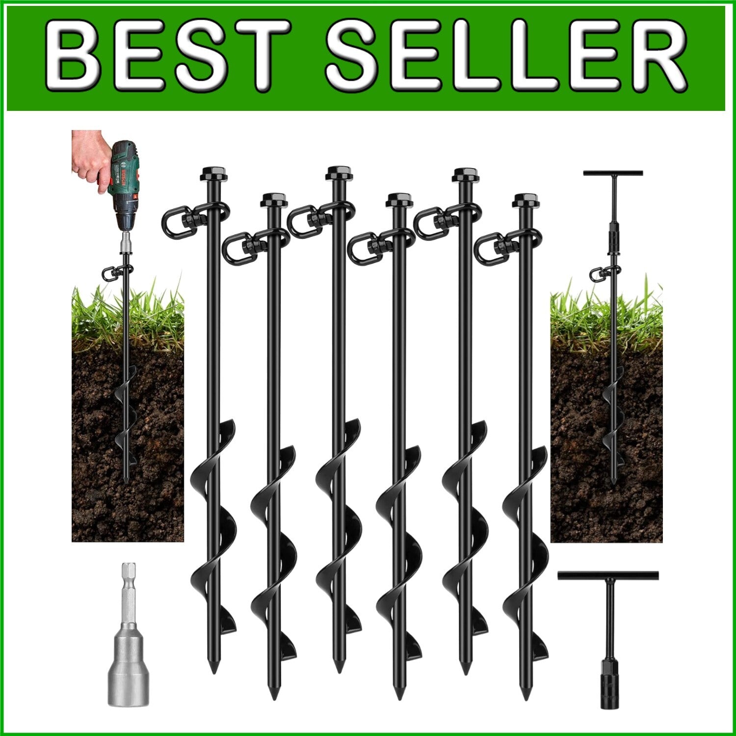 6 Heavy-Duty Spiral Ground Stakes with T-Handle Wrench - Perfect for Outdoors