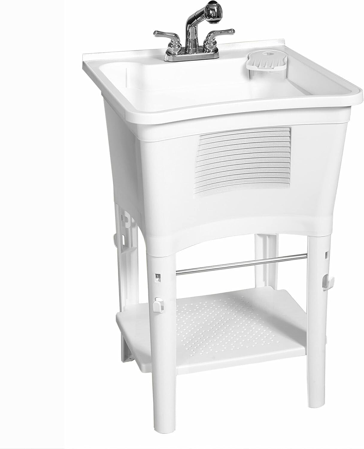All-in-One Utility Sink with Shelf & Hooks for Convenient Laundry Setup - White