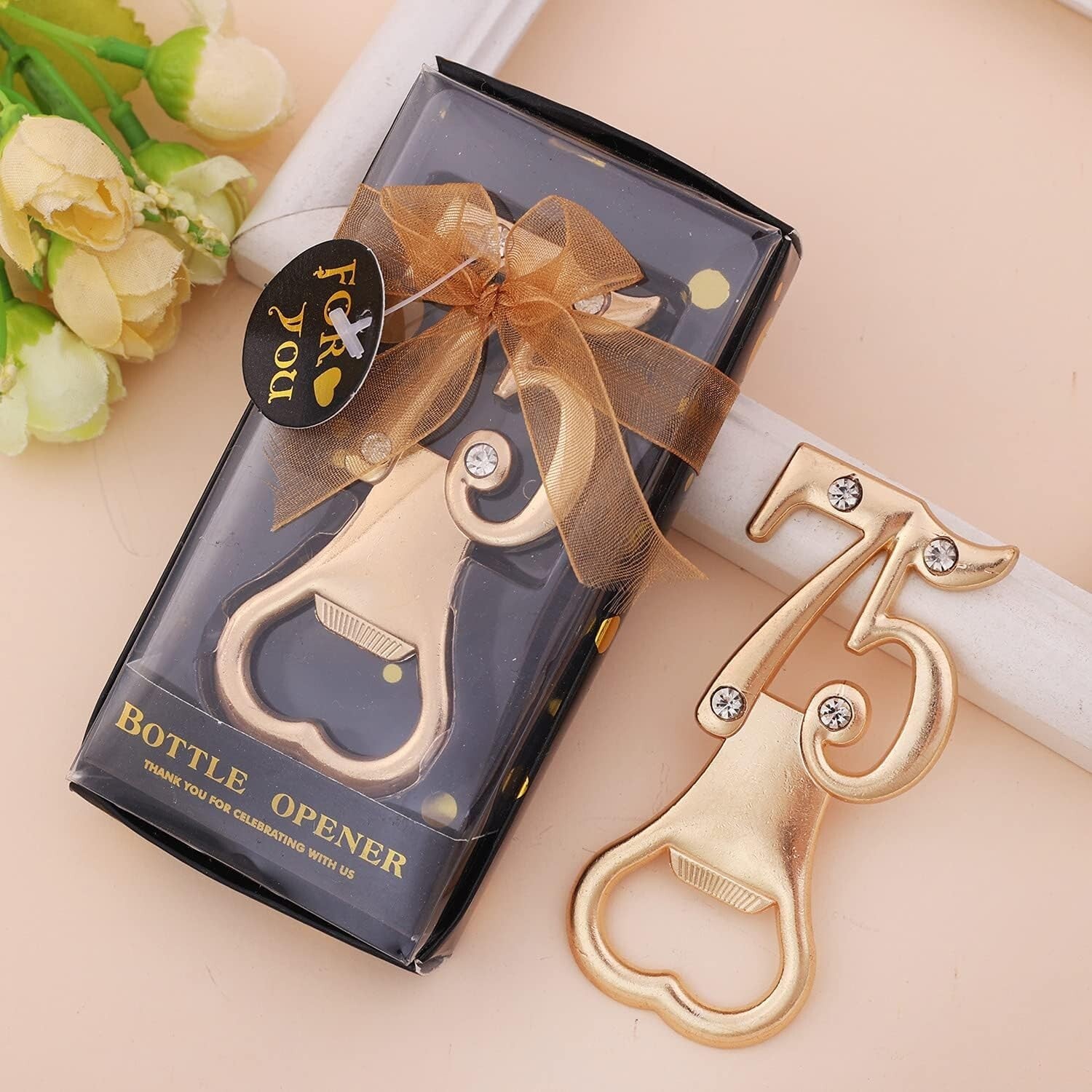 36-Pack Gold Rhinestone Bottle Openers for 75th Birthday & Anniversary Parties