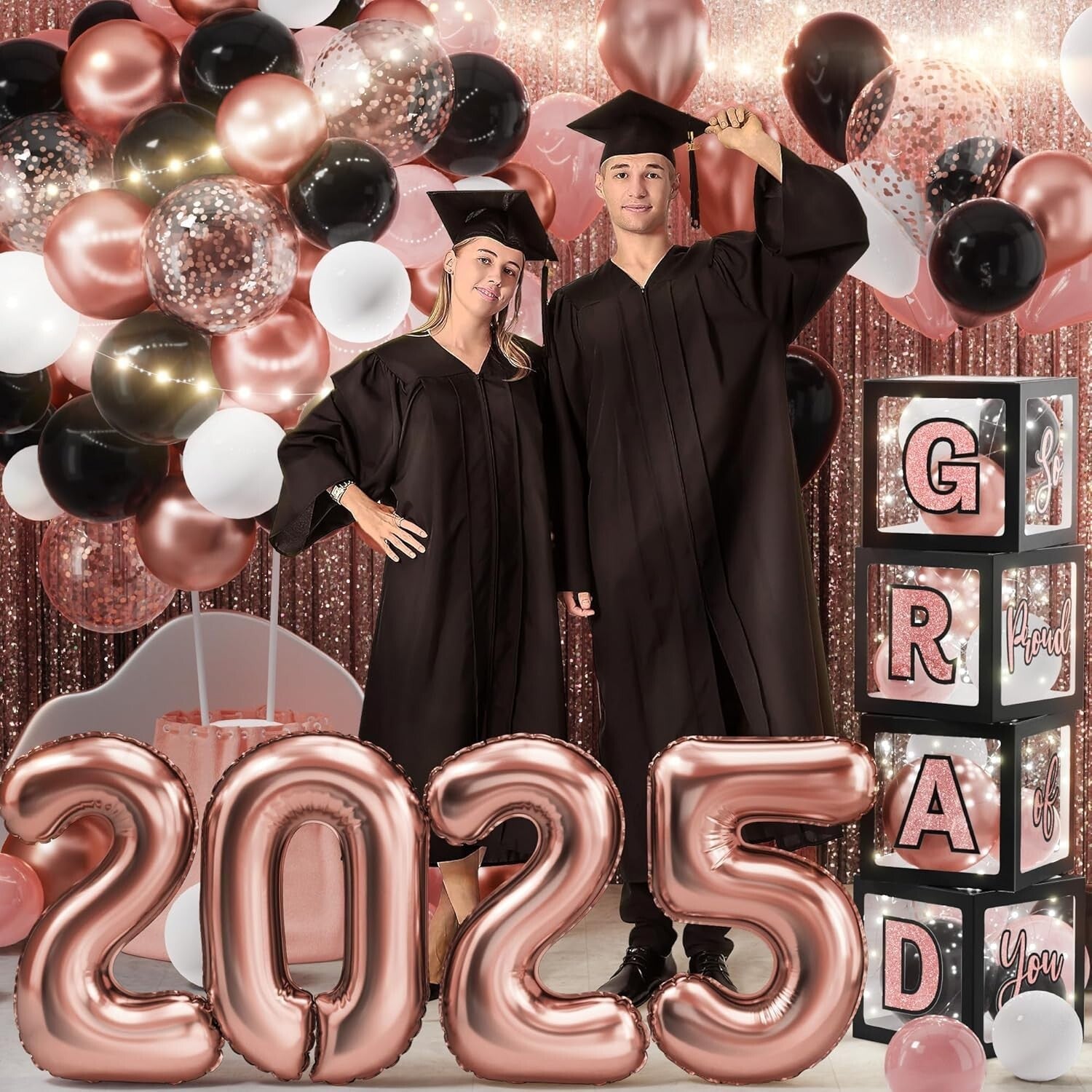 Class of 2025 Black Pink Graduation Decor Set - 86Pcs with LED Lights & Balloons