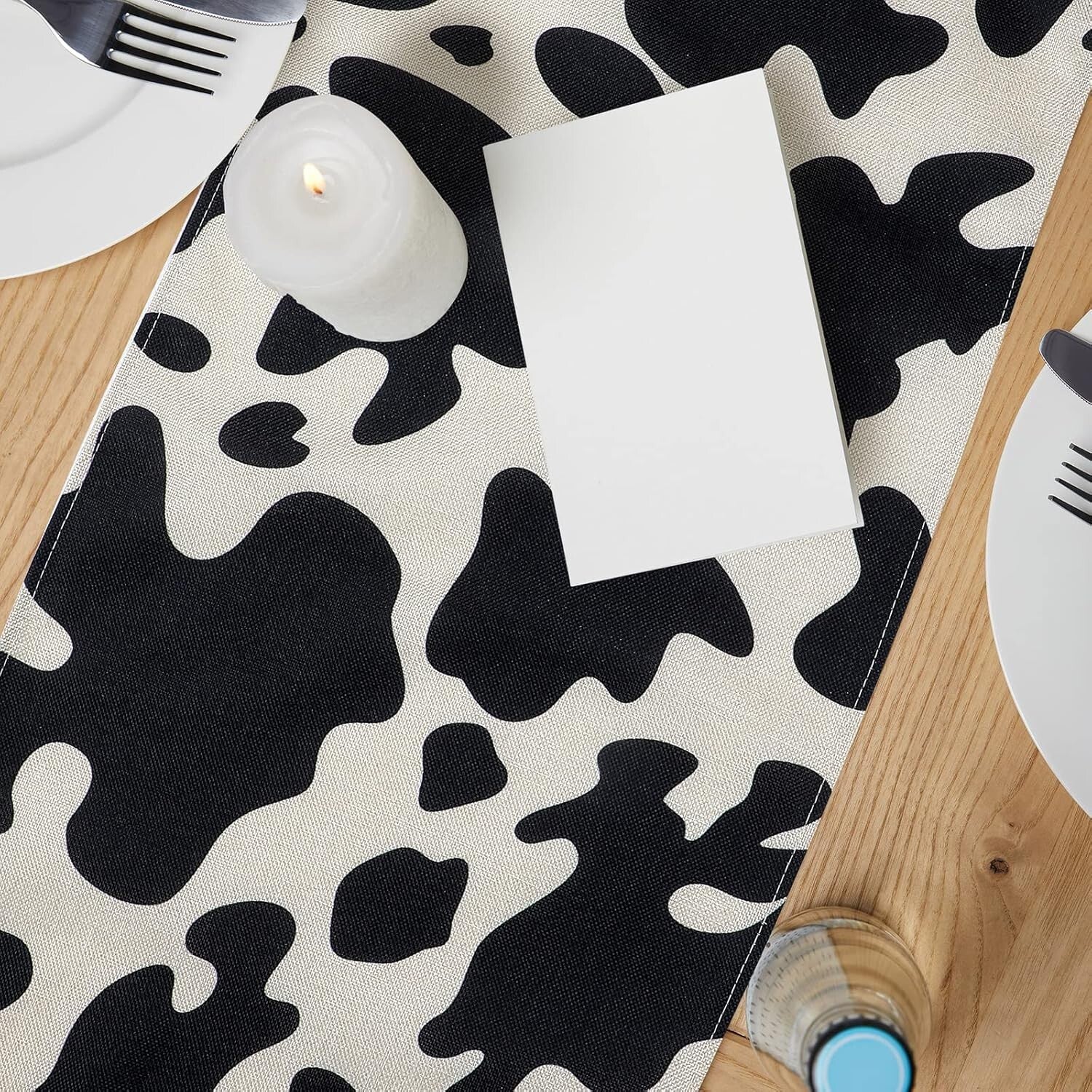 8 Pcs Cow Print Table Runners - Rustic Black and White Linen Tablecloths 13x108