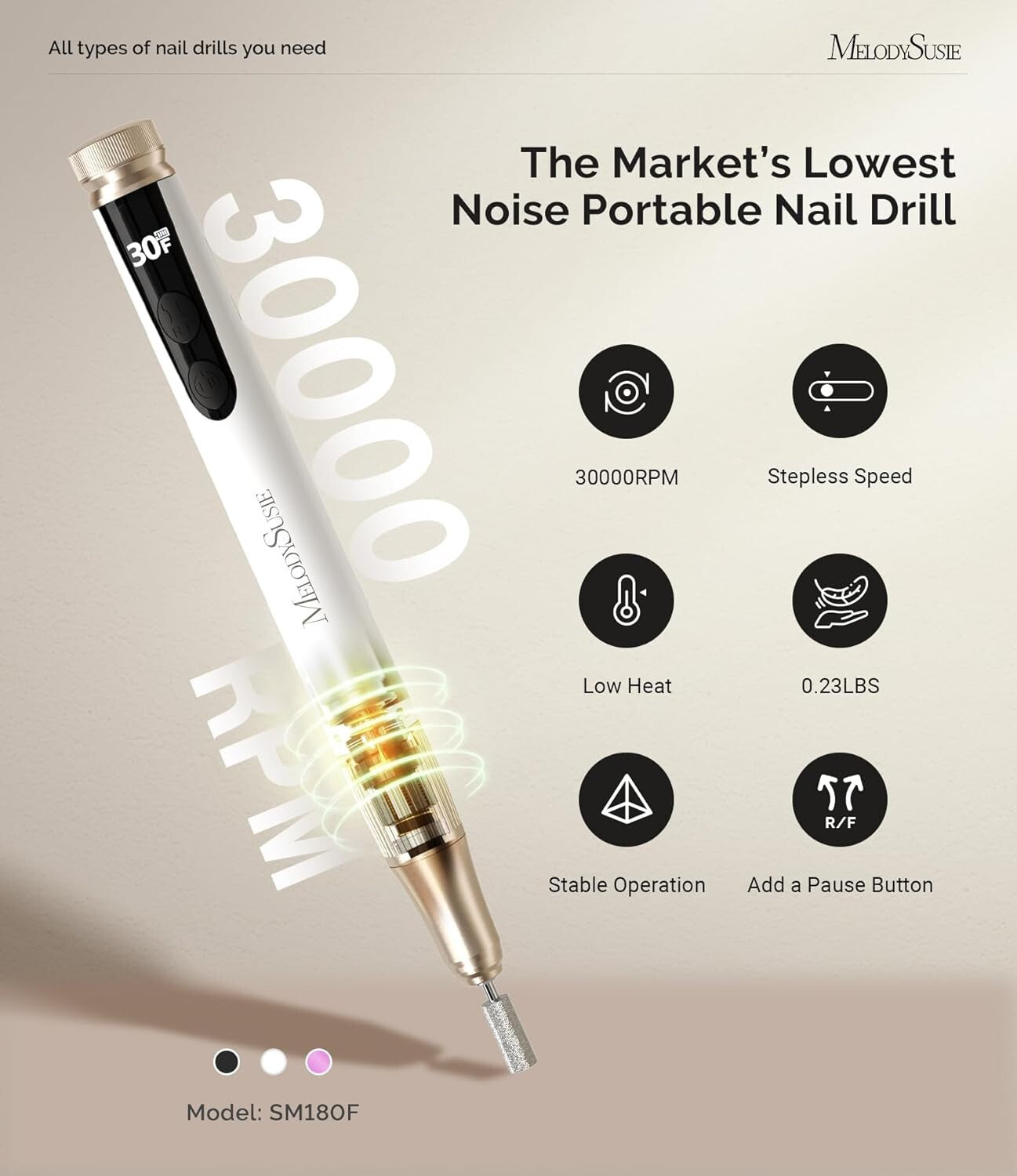 Lightweight Cordless Nail Drill - 3 Hours Battery Life, Ideal for Home Manicures