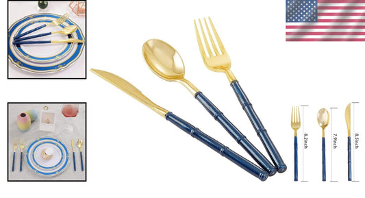 Disposable Gold Plastic Cutlery with Blue Glitter Bamboo Handles - 180 Pieces