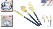 Load image into Gallery viewer, Disposable Gold Plastic Cutlery with Blue Glitter Bamboo Handles - 180 Pieces