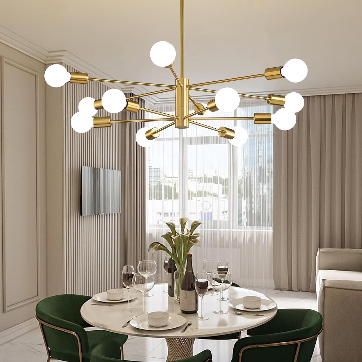 Adjustable Height Gold Chandelier - 12-Light Ceiling Fixture for Modern Homes