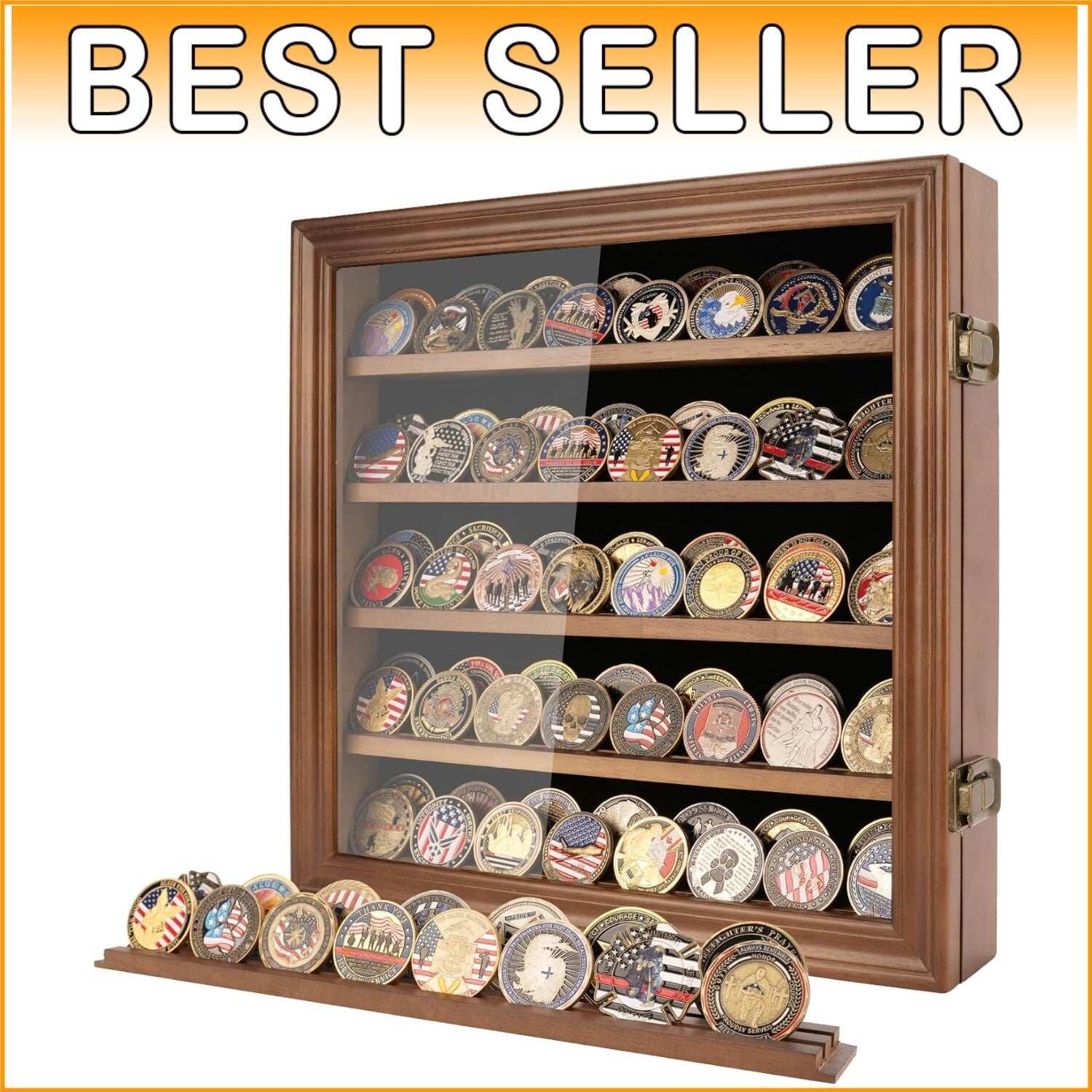 Elegant Military Challenge Coin Display Case with Toughened Glass & Shelves