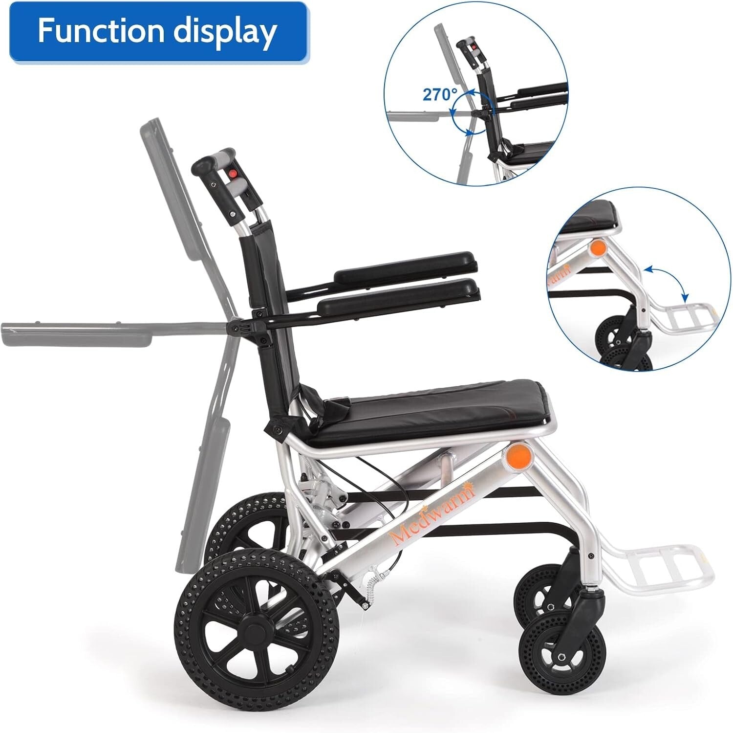 Folding Transport Wheelchair - 23lbs Aluminum Frame with Adjustable Armrests