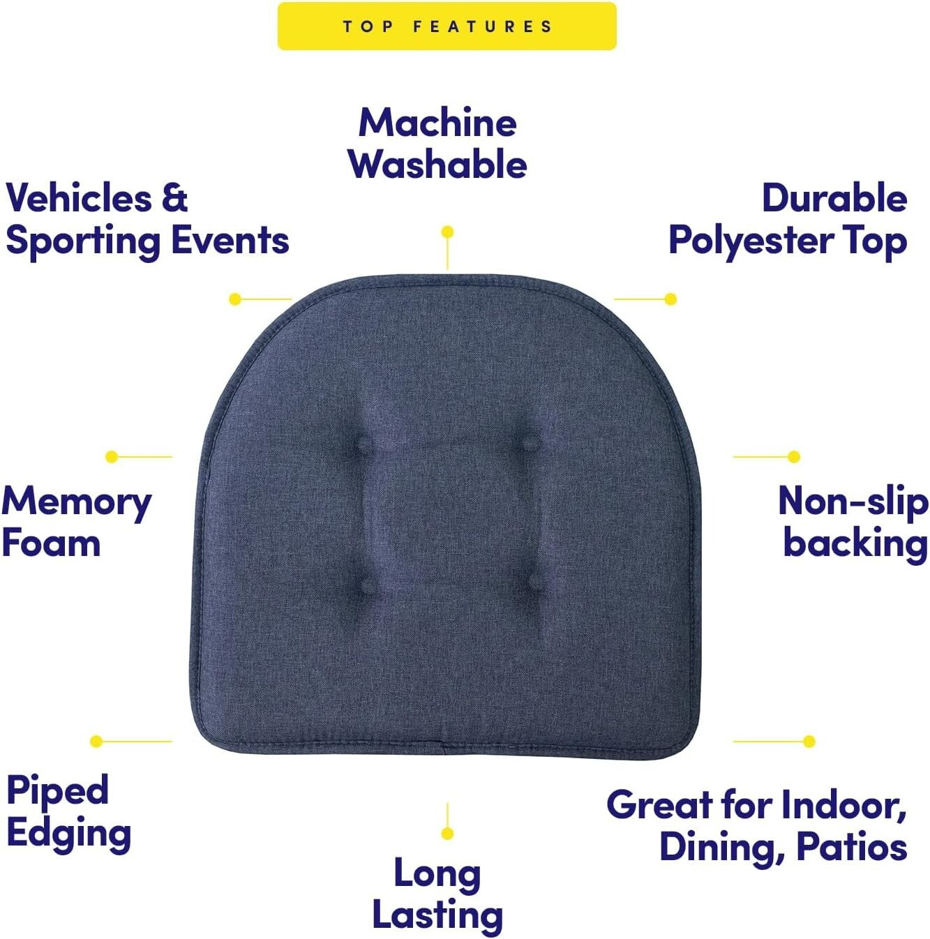 17" x 16" Denim Blue Memory Foam Chair Cushion - Tufted Non-Skid Pads, 12 Count