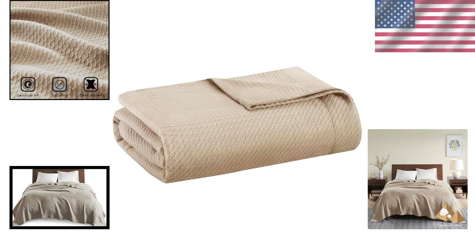 Elegant Solid Khaki Cotton Blanket - 100% Egyptian 90"x90" Perfect for Any Room