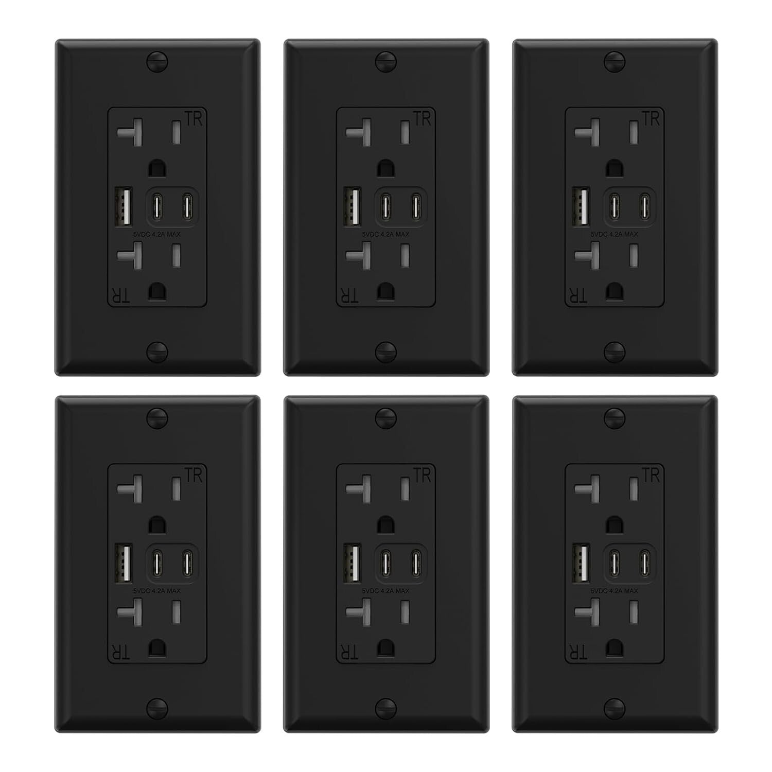 Energy Efficient 20 Amp Wall Outlet with Tamper-Resistant USB Ports - 6 Pack