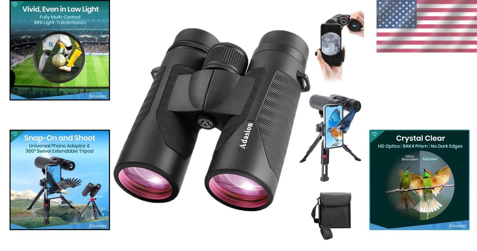 Versatile 12x42 Binoculars with Phone Adapter - Ideal for Travel & Sports