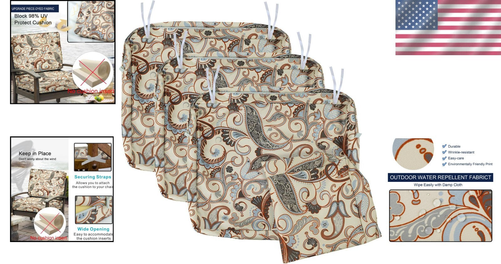 UV-Resistant Vintage Cushion Slip Covers with Ties - Fits 24x22x4 Inch Chairs