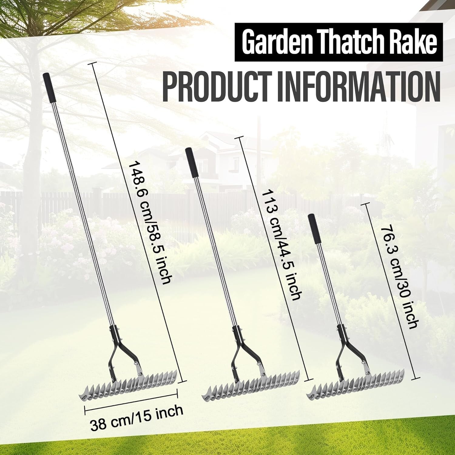 15-Inch Heavy-Duty Thatch Rake with Adjustable Stainless Steel Handle for Lawns