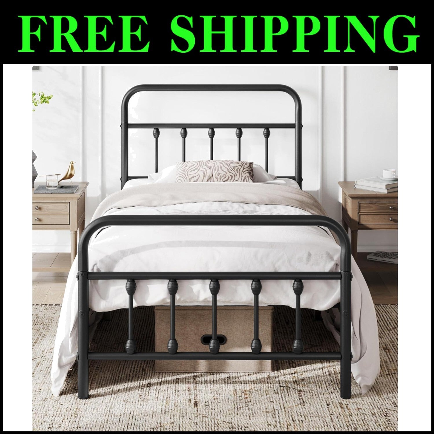 Twin Iron Metal Bed Frame with Victorian Style and Under-Bed Storage - Black