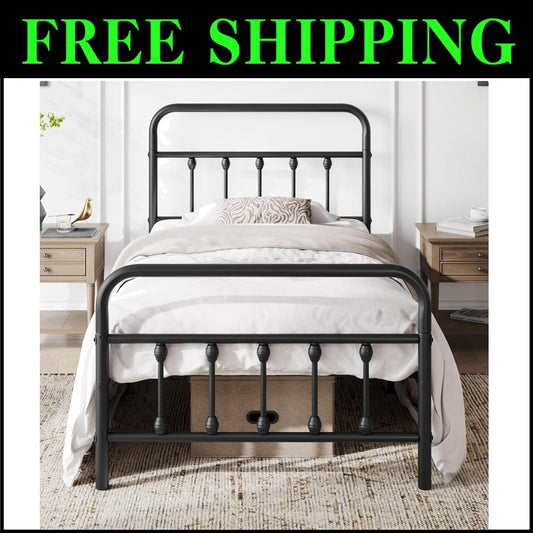 Twin Iron Metal Bed Frame with Victorian Style and Under-Bed Storage - Black