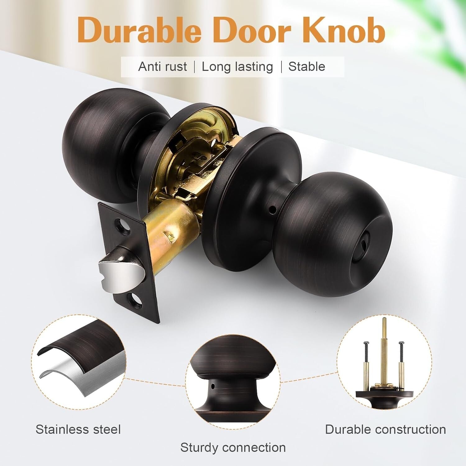 Stainless Steel Round Bathroom & Bedroom Door Knobs - 10 Pack, Bronze Finish