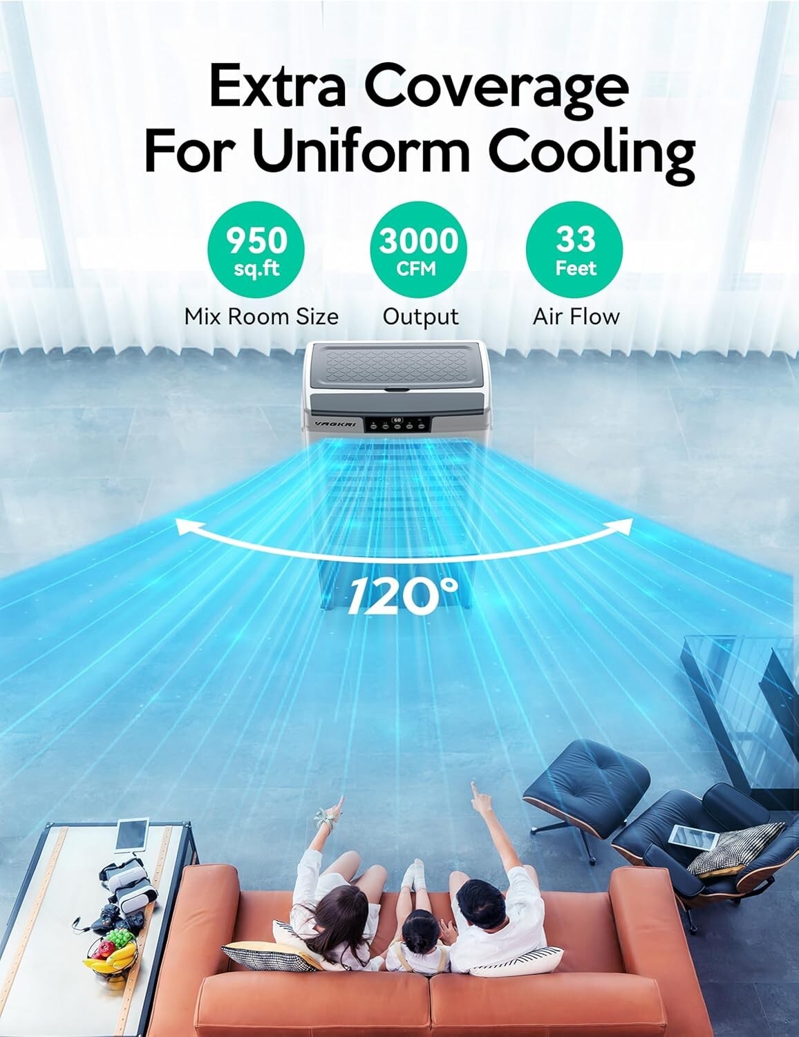 Energy-Efficient 3000 CFM Evaporative Air Cooler with Timer & Ice Packs Included