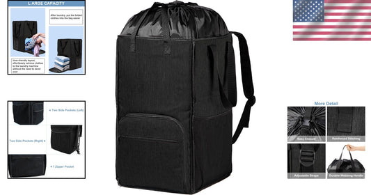 Collapsible Heavy Duty Laundry Bag Backpack with Padded Straps & Zipper Closure