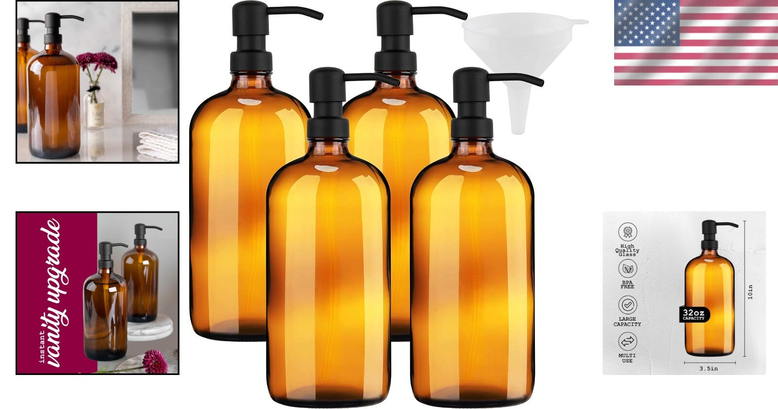 Versatile 32oz Amber Glass Shampoo and Soap Dispenser with Stainless Steel Pumps