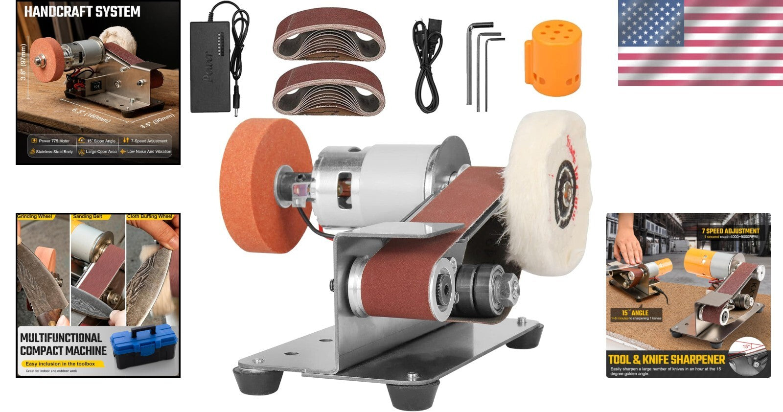3-in-1 Mini Belt Sander & Knife Sharpener with 7 Speed Settings for Crafting