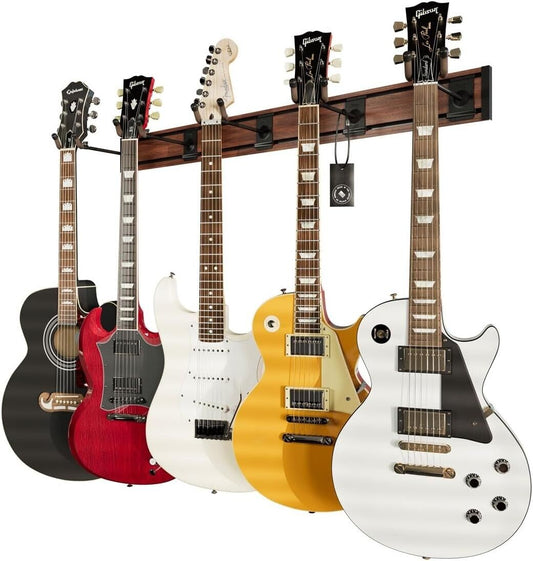 Elegant Guitar Wall Rack for 5 Guitars - Walnut Print Aluminum, Easy Install
