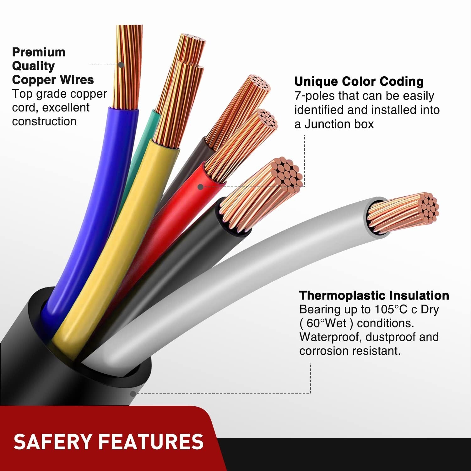 Corrosion Resistant 16ft Trailer Cord with 7-Way Plug for Safe Towing Adventures