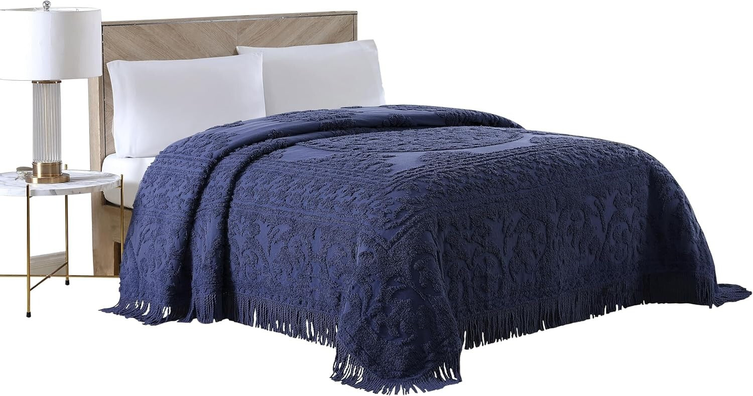 Luxurious Queen Chenille Bedspread in Navy with Elegant Medallion Design
