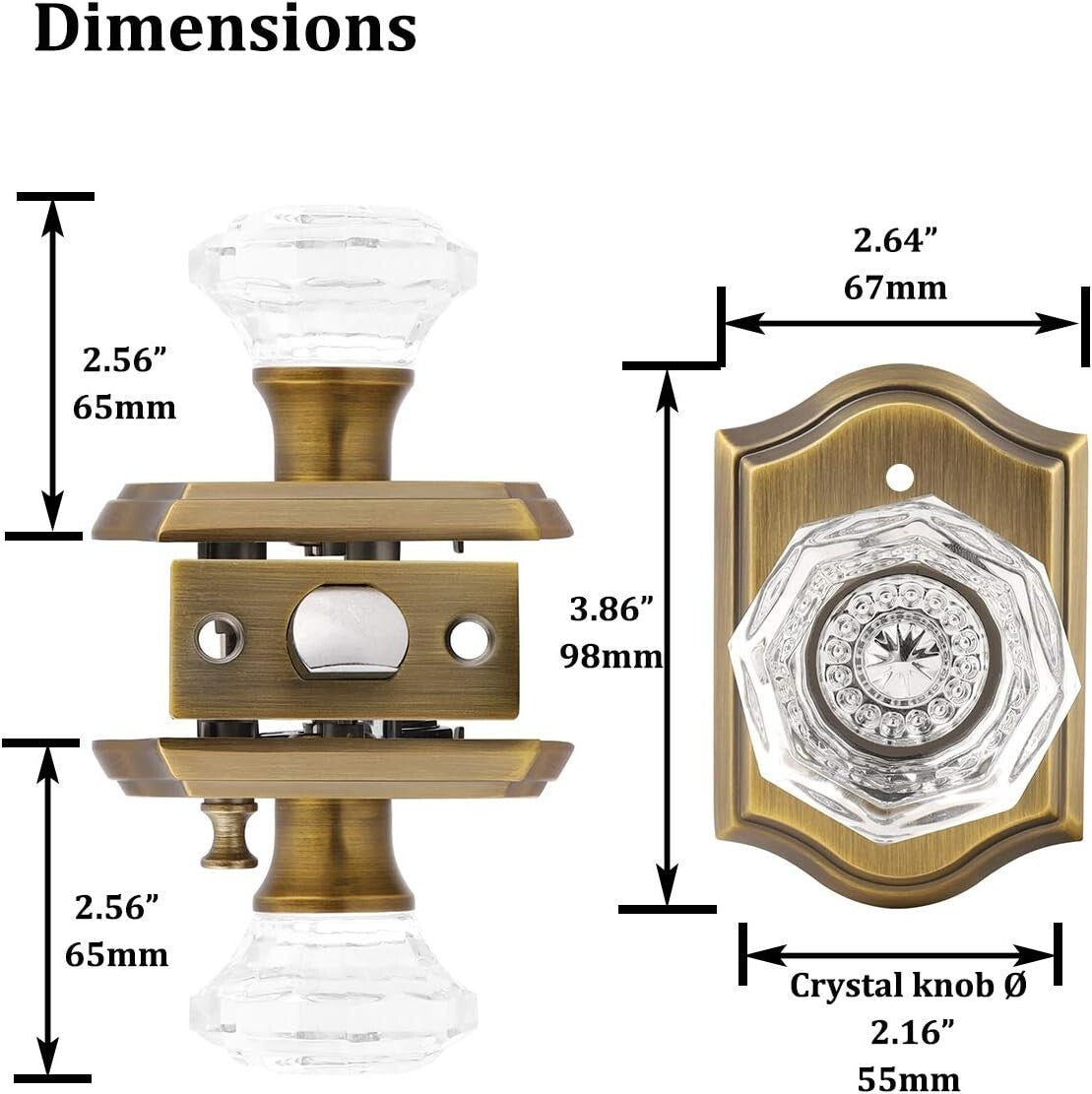 2-Pack Crystal Privacy Door Lock Sets - Antique Brass Knob with Push Button Lock