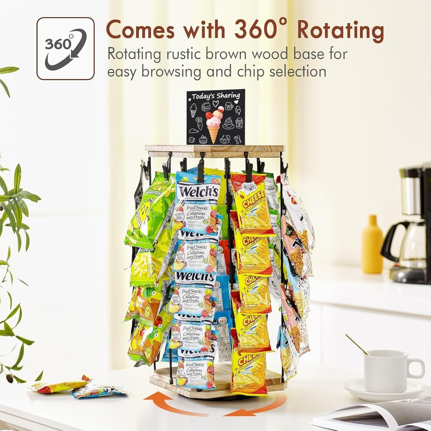 Stylish Wooden Chip Display Rack with 40 Clips and Message Board - 360° Access