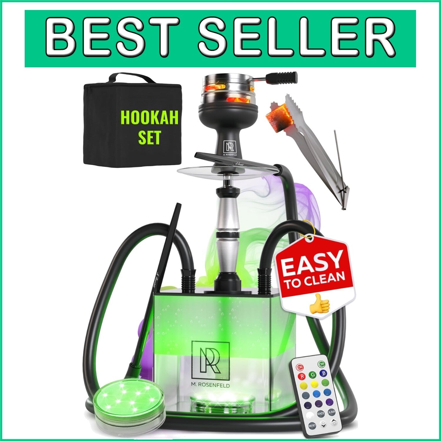 Black LED Hookah Set with 2 Hoses – Durable, Easy to Clean & Perfect for Gifting