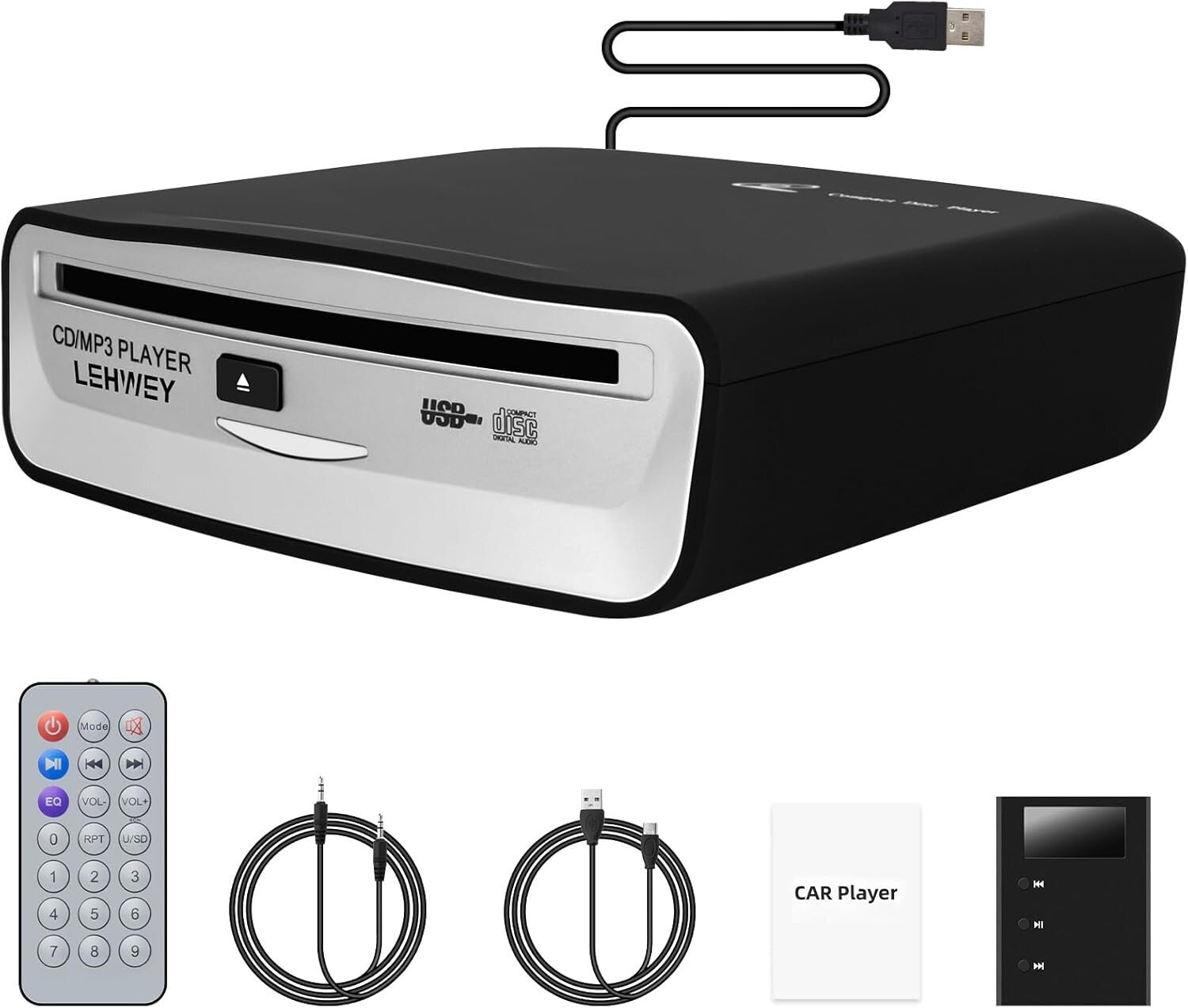 Universal Portable Car CD Player with Remote & AUX - Easy Plug-and-Play Solution