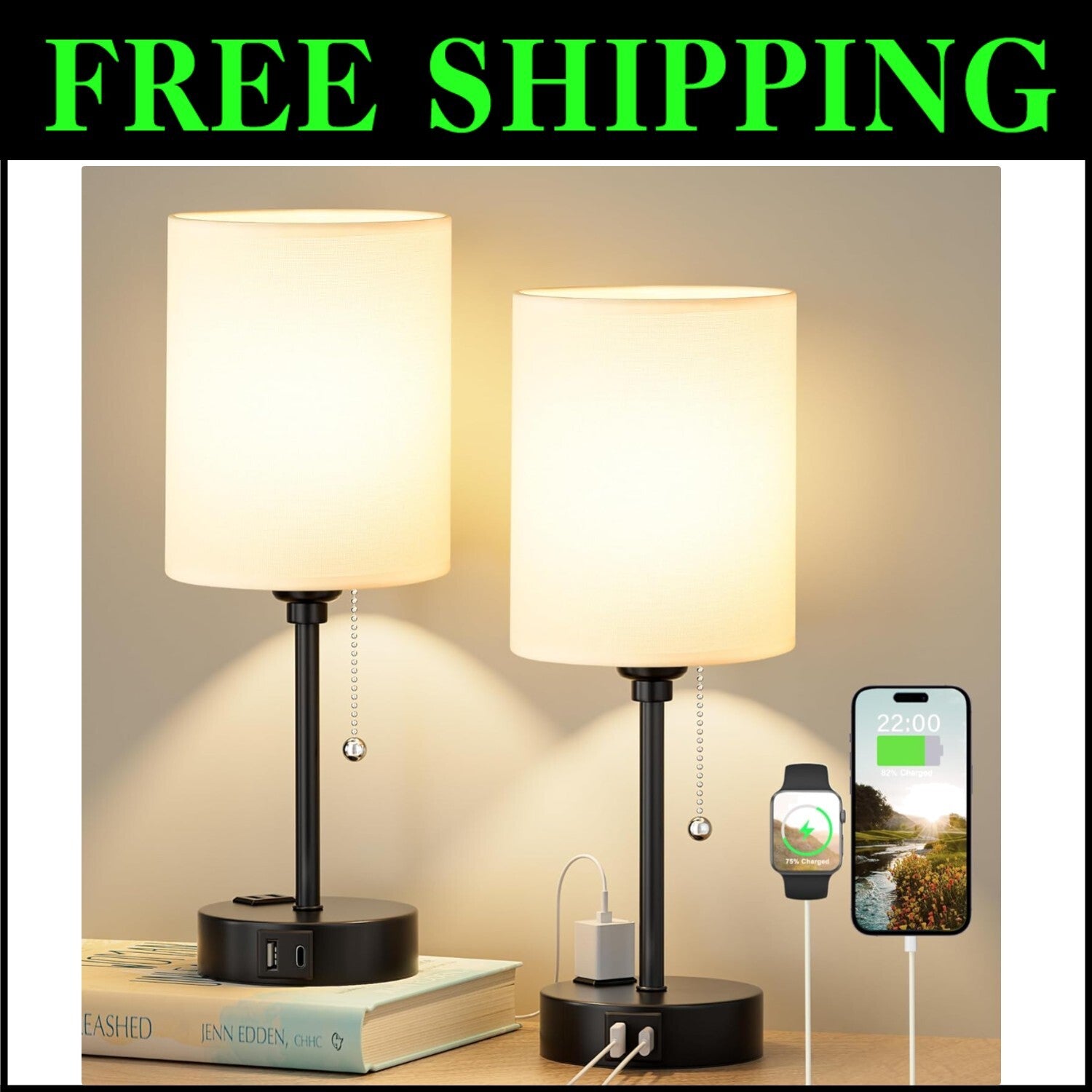 Elegant Black & White Bedside Table Lamps with USB & AC Outlet - 3 Color Modes